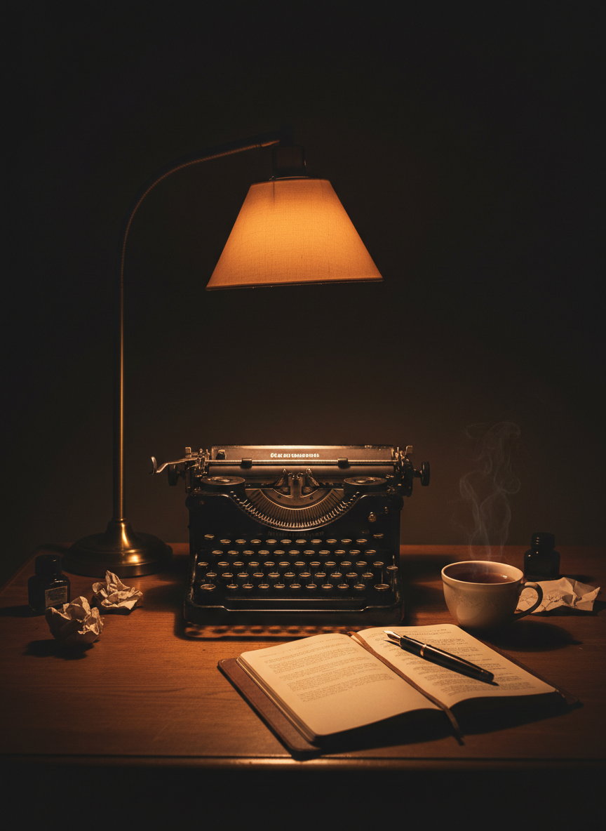 A vintage typewriter and open notebook on a wooden desk lit by warm lamplight at night
